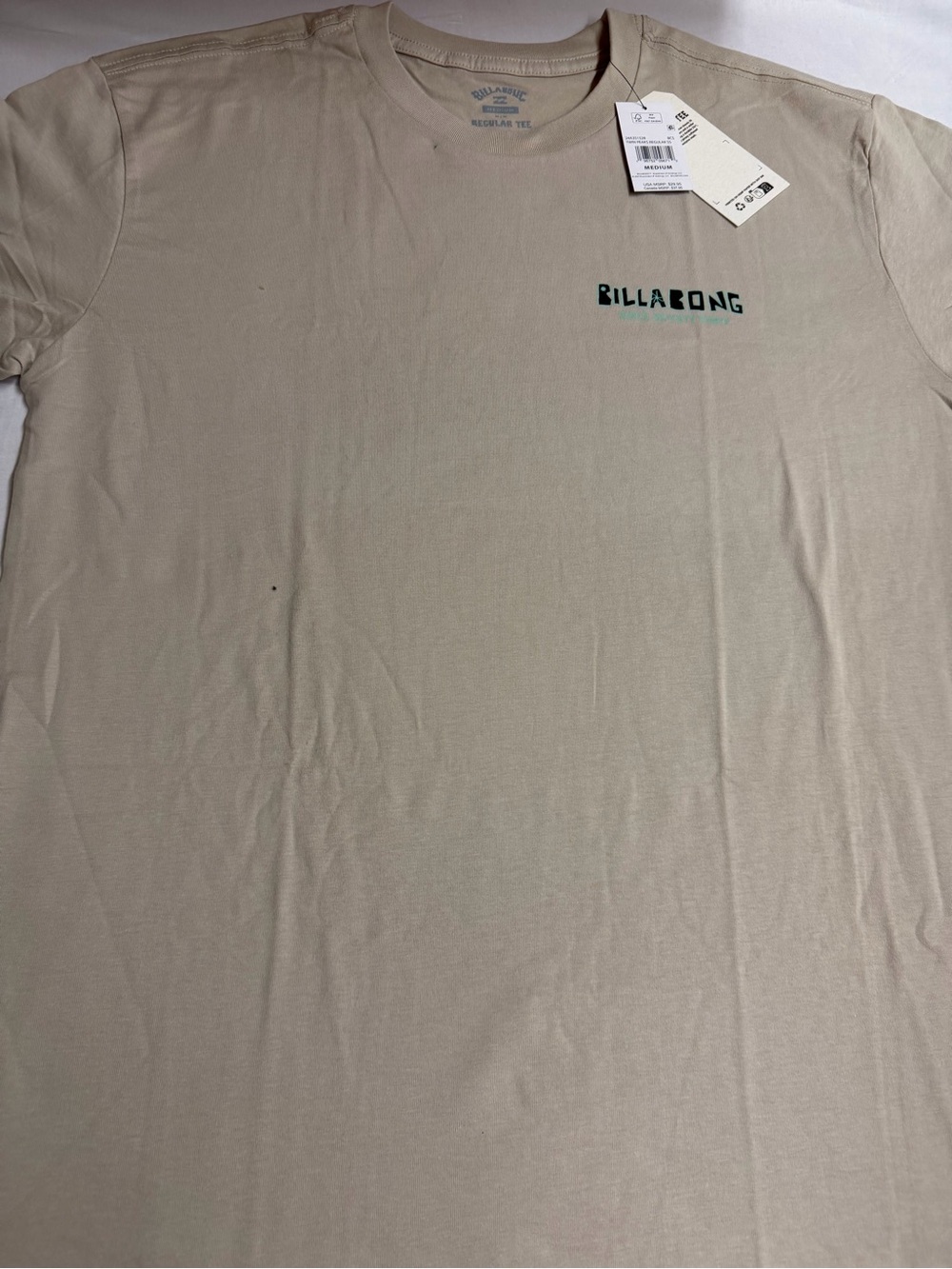 Billabong Men's Short Sleeve Tee - Beige with Dark Green Logo